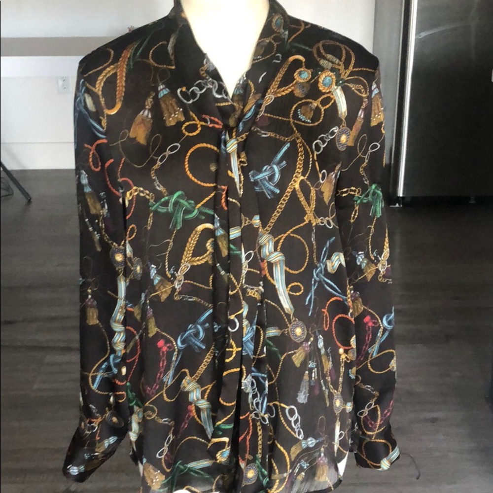 .ZARA CHAIN PRINT LONG SLEEVE BLOUSE WITH BOW TIE